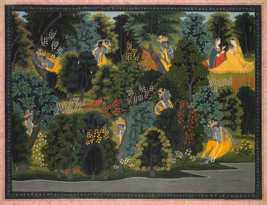 Krishna appears in several places among flowering trees while Radha and her companion confer.