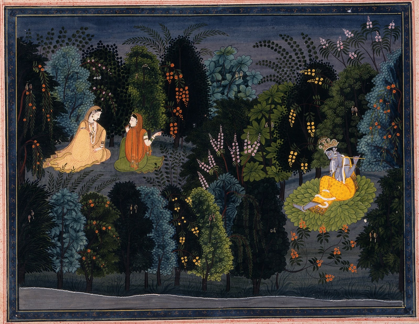 Radha speaks with her companion beside a flowering grove where Krishna plays his flute.